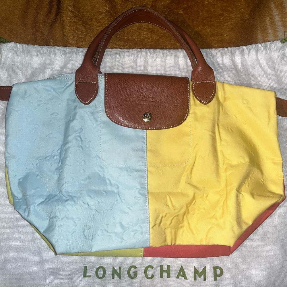 Longchamp Le Pilage small Blue and Yellow Patchwork Tote